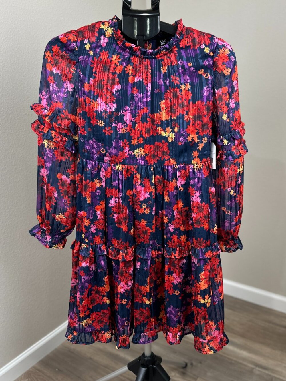 ZAC Kids Floral Tiered Chiffon Dress Girls XXL 18 Ruffle Long Sleeve Party